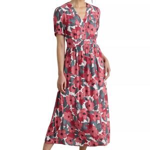 Seasalt Cornwall Size 6 Birch Leaf Midaxi‎ Tea Dress Organic Cotton Red Floral